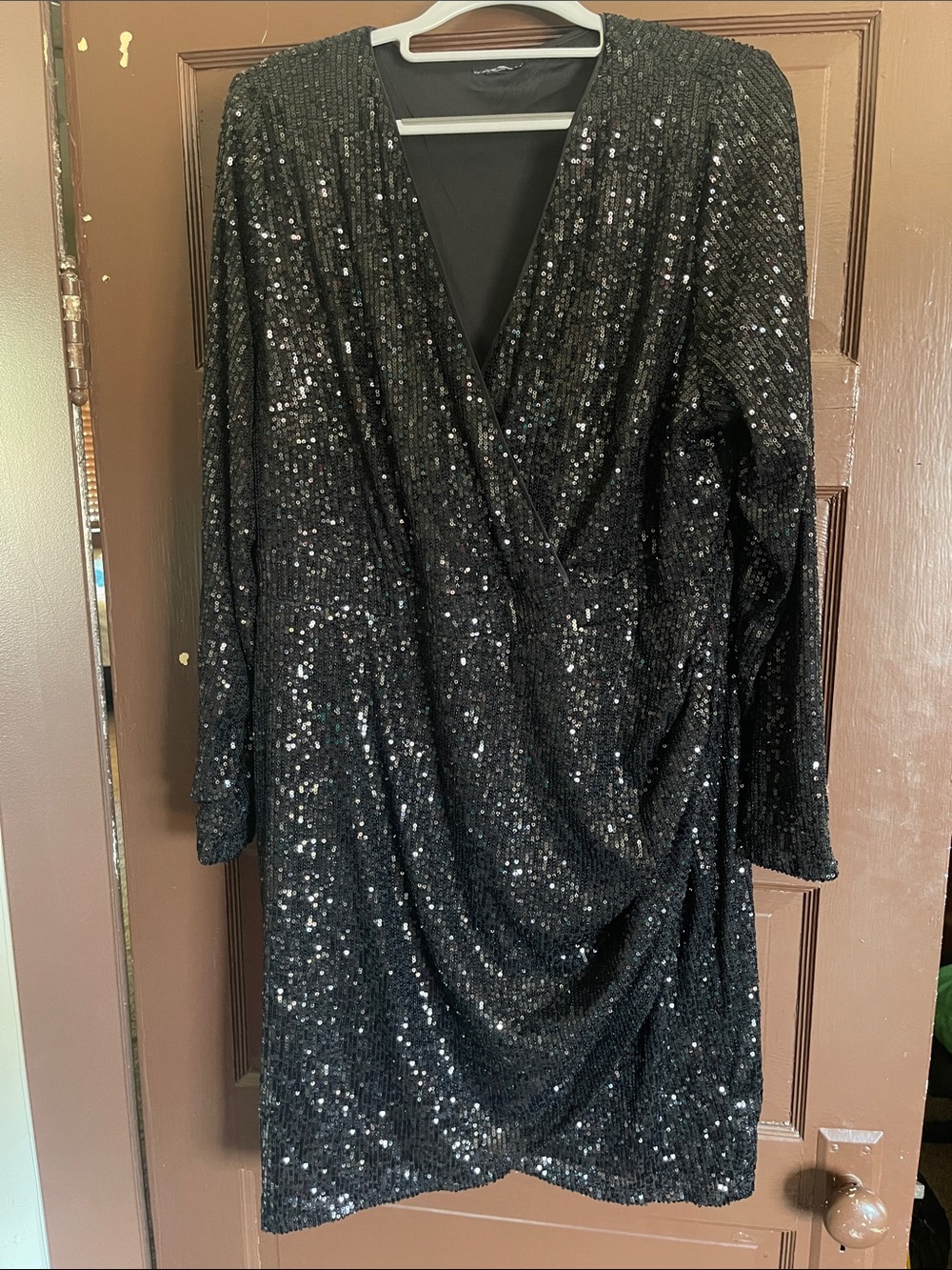 Black Sequin Wrap-Front Dress